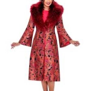 Designer DCC Red Floral Coat with Faux Fur Collar Size 10